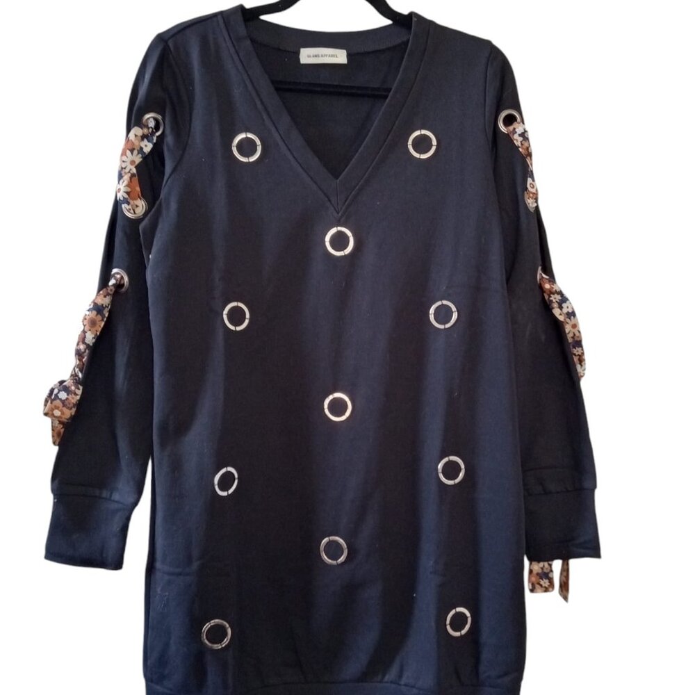 NEW BOBEAU WOMEN'S EMBELLISHED BLACK LONG PULLOVER SWEATSHIRT SIZE XS,S,M,L,XL